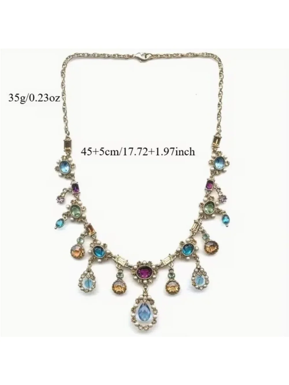 Statement Necklace Multicolor Teardrop Crystals & Pearl Pendants Gold Tone - Picture 3 of 3